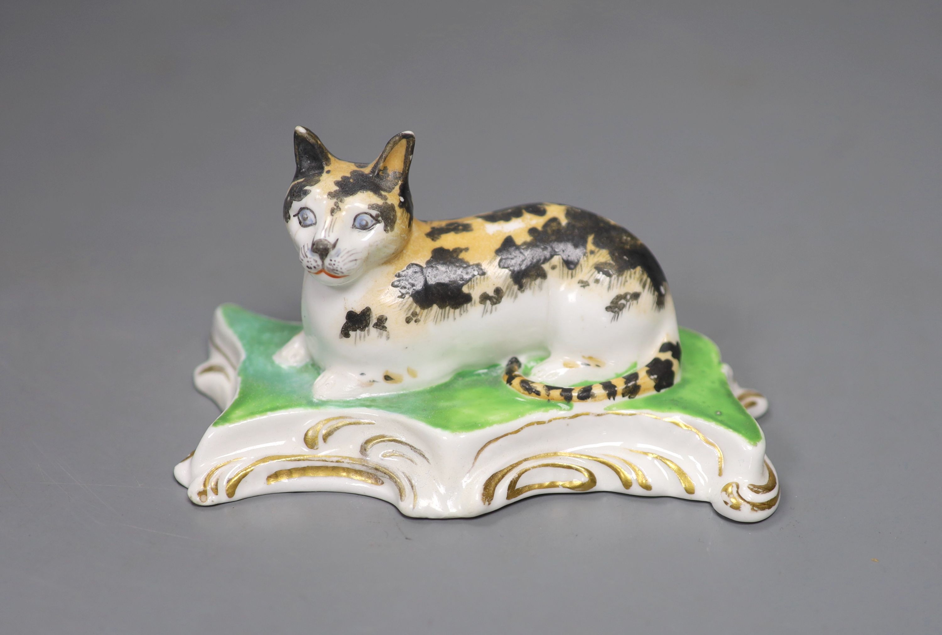 A rare Staffordshire porcelain figure of a recumbent tabby cat, c.1830-50, on a scroll work base, 11.5 cm long